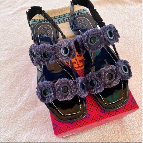 TORY BURCH SANDAL SQUARE TOE SLINGBACK FREYA EYELET BLUE - Picture 3 of 9